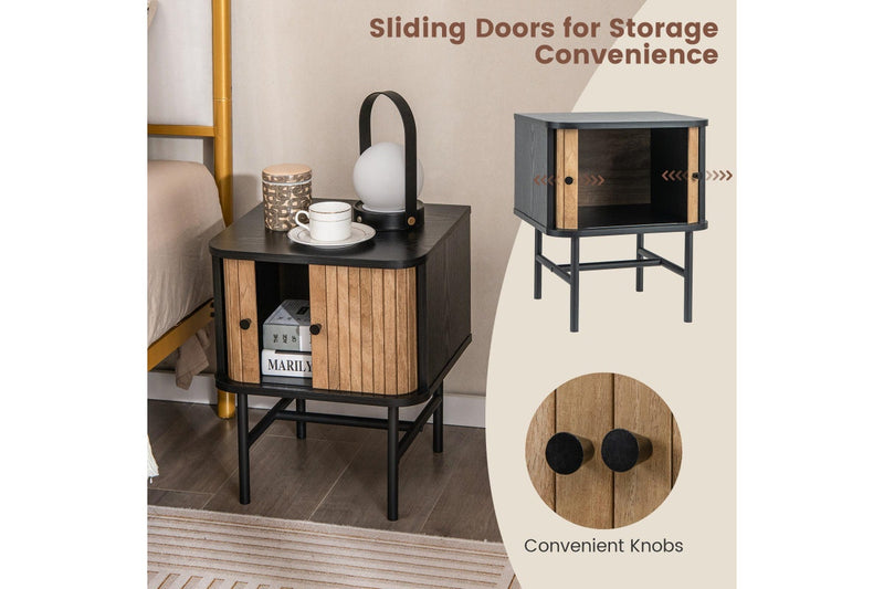 Giantex Modern Nightstand Bedside Storage Table w/Sliding Doors & Metal Legs Floor Side Table Bedroom Living Room Black