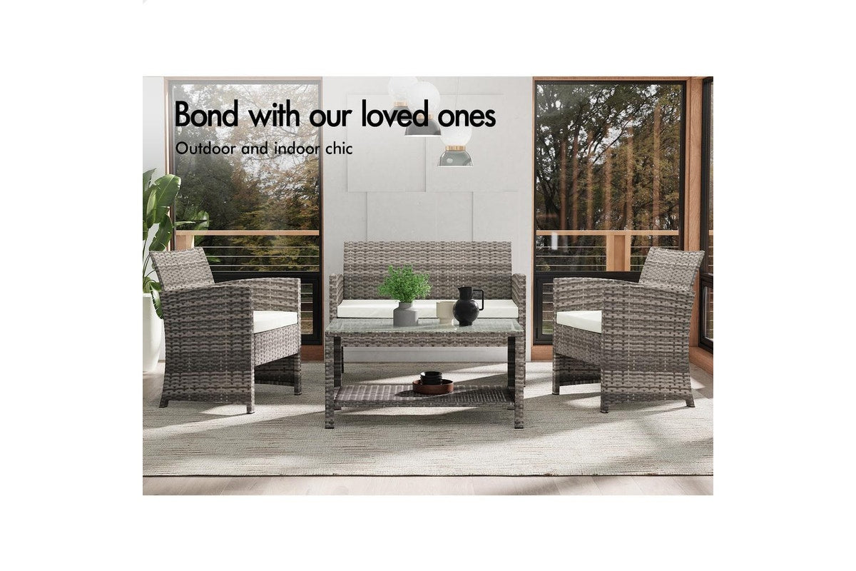 ALFORDSON Outdoor Furniture 4PCS Garden Patio Chairs Table Set Wicker Grey