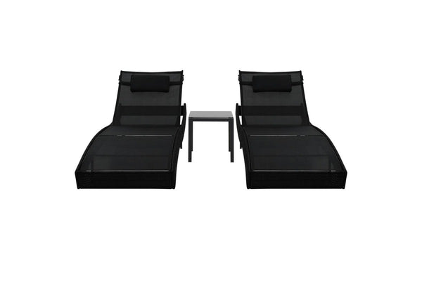 Sun Loungers 2 pcs with Table Poly Rattan and Textilene Black vidaXL
