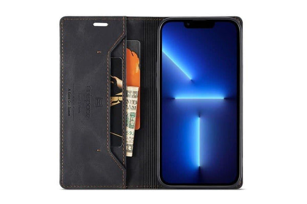 AutSpace For Apple iPhone 13 Pro Case RFID Blocking Retro Flip Premium Leather Card Holder Wallet Cover - Black