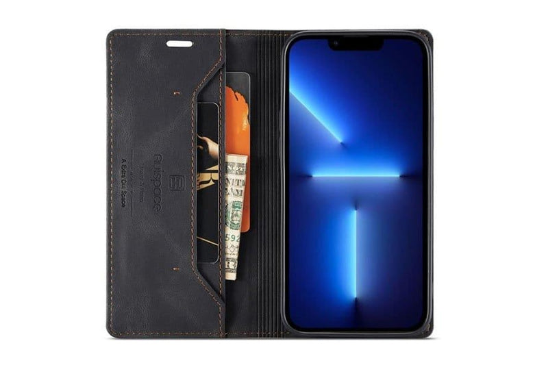 AutSpace For Apple iPhone 13 Pro Case RFID Blocking Retro Flip Premium Leather Card Holder Wallet Cover - Black