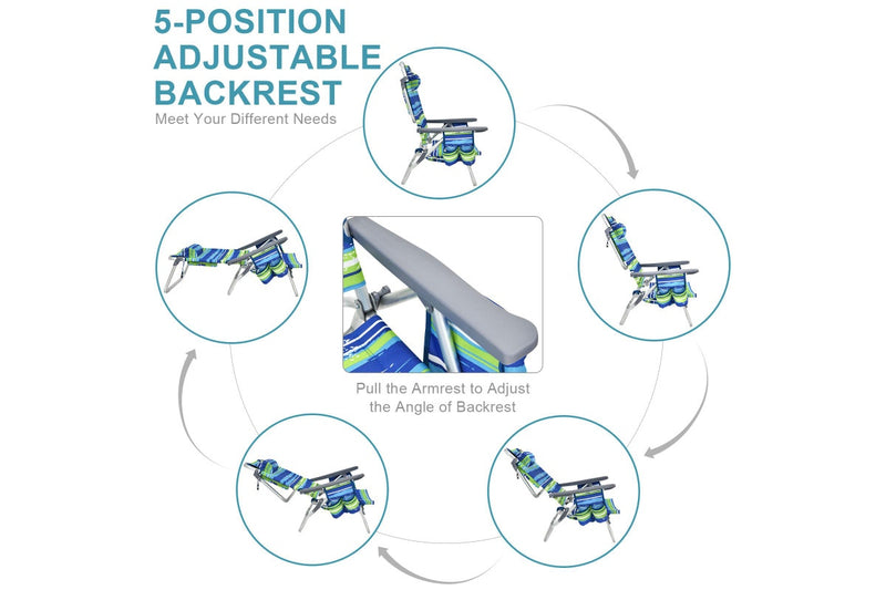 Costway 2 X Folding Reclining Beach Chairs Outdoor Camping Arm Chairs Fishing Panic w/ 5-Position Backrest & Head Pillow