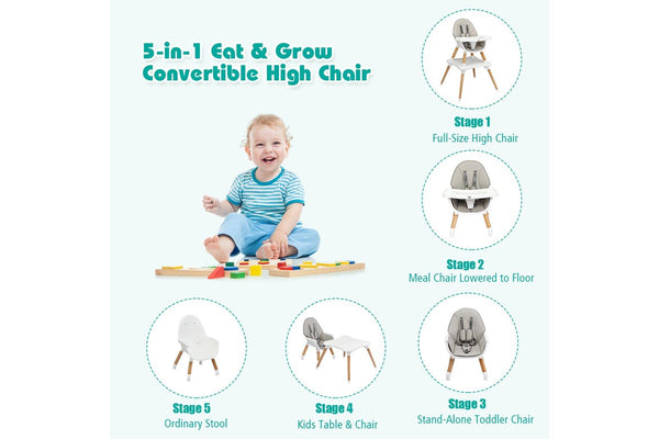 Costway 5 In 1 High Chair Convertible Eating Feeding Chair Booster Seat Wood Table Chair w/Adjustable Tray & PU Cushion, Grey