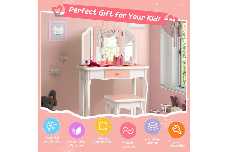 Costway Tri-Folding Mirror Vanity Table Writing Desk Durable Bedroom Furniture Pink