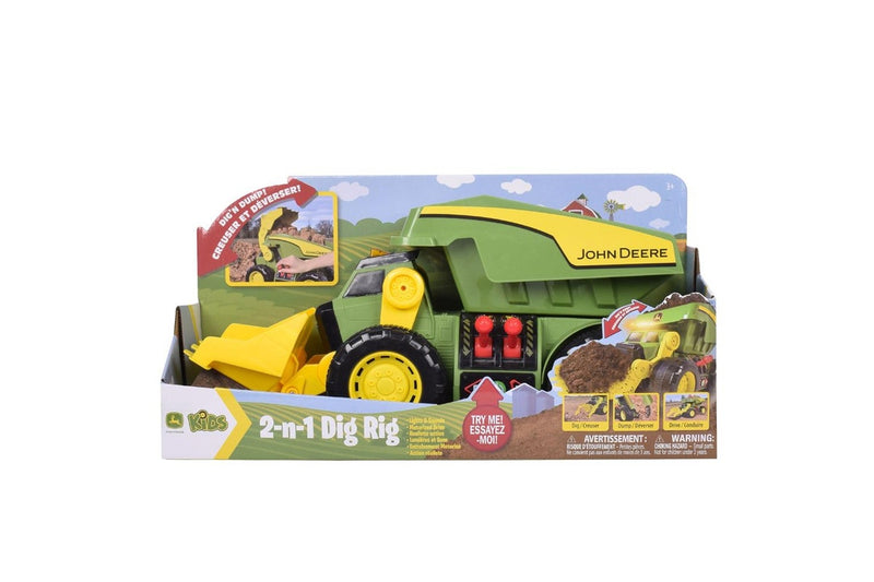 John Deere 2-N-1 Dig Rig Dump Truck & Loader w Lights Sounds Motorized Drive