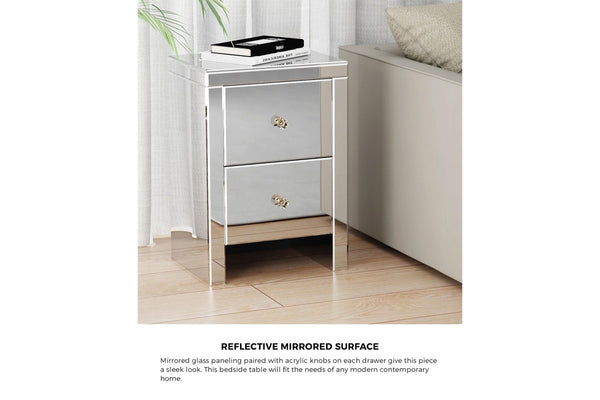 Oikiture Bedside Table Mirrored Glass Nightstand Silver