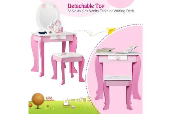 Giantex 2 in 1 Kids Vanity Table & Chair Set Princess Makeup Dressing Table w/Mirror & Comb Writing Desk Pink