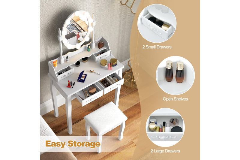 Costway Dressing Table Vanity Stool Set Makeup Table Dresser Jewellery Cabinet Mirror 4 Drawers Xmas Gift, White