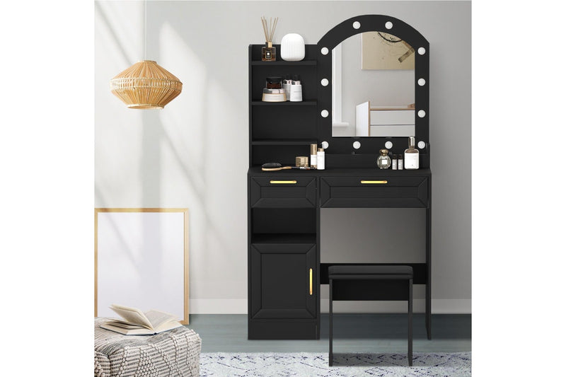 Oikiture Dressing Table Stool Set 12 LED Bulbs (Black)
