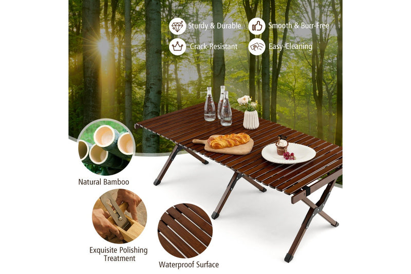 Costway Portable Egg Roll Camping Table Folding Bamboo Picnic Table Camping table Outdoor w/Carry Bag Brown