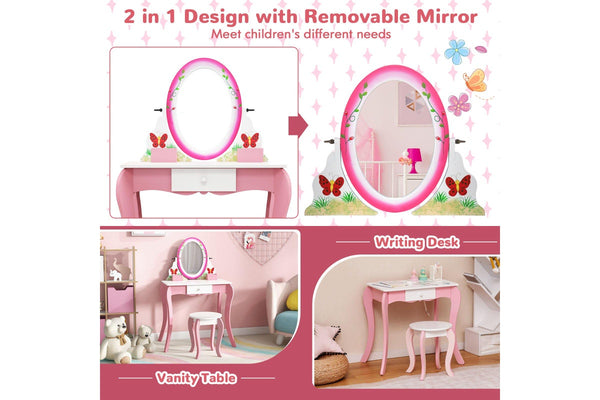 Giantex 2-in-1 Kids Vanity Table Stool Set Rotatable Mirror Makeup Table Princess Dressing Table w/Whiteboard & 4 Markers & Drawer