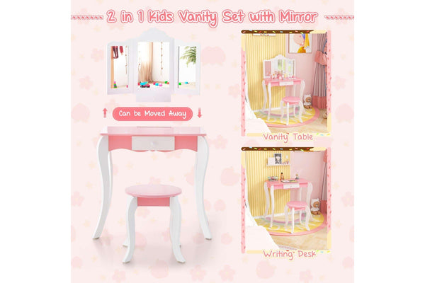 Costway 2-in-1 TOP 50 Bonus Trinkets Set Vanity Table Stool Set Tri-Folding Mirror Makeup Table Princess Dressing Table w/Storage Drawer