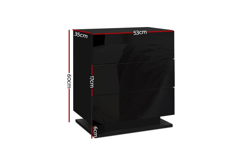 Artiss Bedside Table LED 3 Drawers - MORI Black