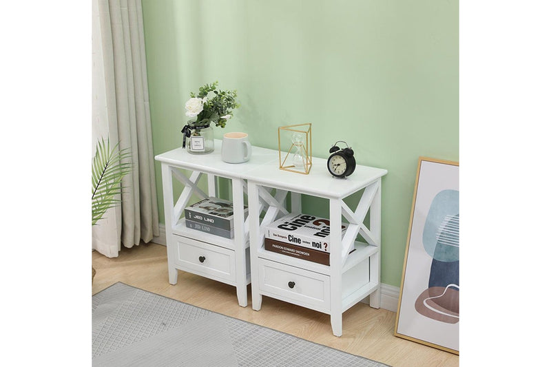 2 Tier Bedside Table With Storage Drawer Pcs Rustic White Bedside Tables