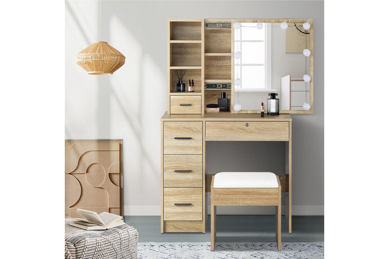 Oikiture Dressing Table Slide Mirror Stool Set(Natural)