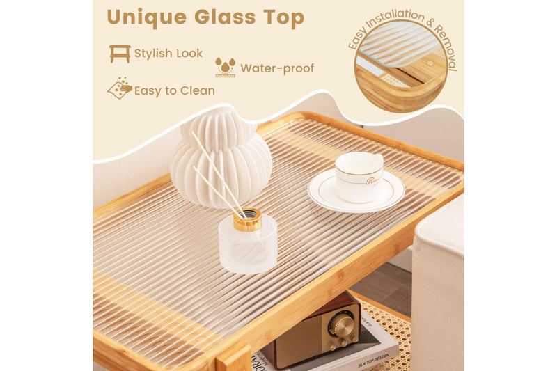 Giantex 2-Tier Bamboo Bedside Table Compact End Table Sofa Side Table w/Glass Tabletop & Rattan Shelf, Natural