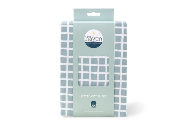 2x Little Haven Cot Fitted Blue Geometric Grid Style Baby Bedding Sheet 135cm