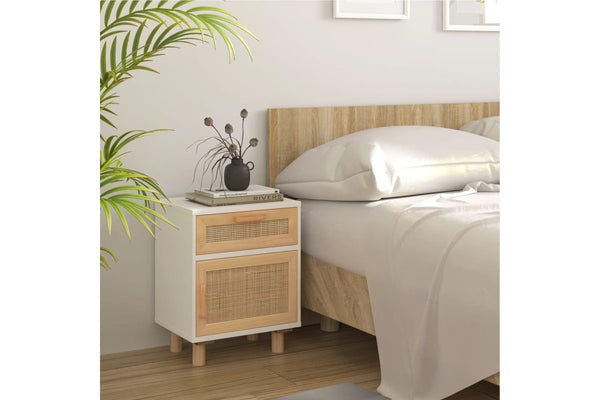 Bedside Cabinet White Solid Wood Pine and Natural Rattan vidaXL