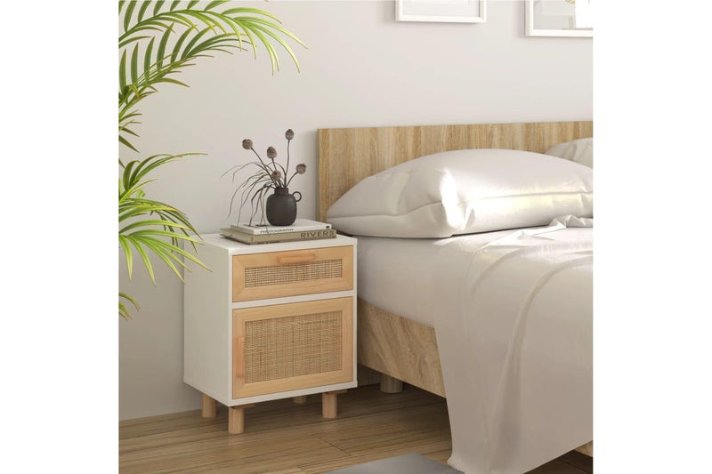 Bedside Cabinet White Solid Wood Pine and Natural Rattan vidaXL