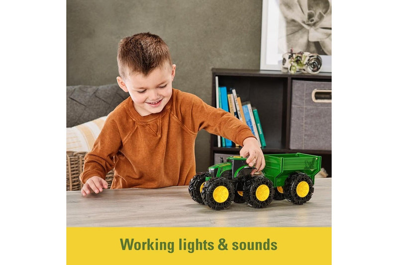 John Deere 38cm Monster Treads Tractor Kids Vehicle Toy w Wagon Light Sounds 3+