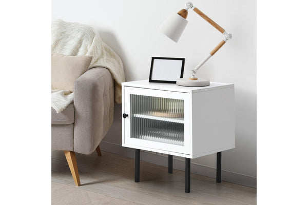 Oikiture Bedside Table Nightstand Glass Door(White)