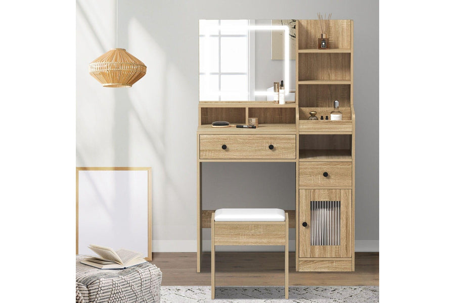 Oikiture Dressing Table Stool Set LED Light (Natural)
