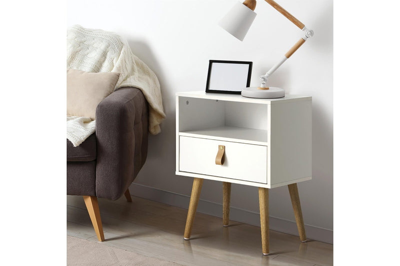 Oikiture Bedside Table Drawer Side Table w/ Leather Handle White