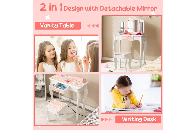 Giantex 2 in 1 Kids Vanity Table Set Toddler Pretend Play Makeup Dressing Table w/Mirror & Stool Writing Desk