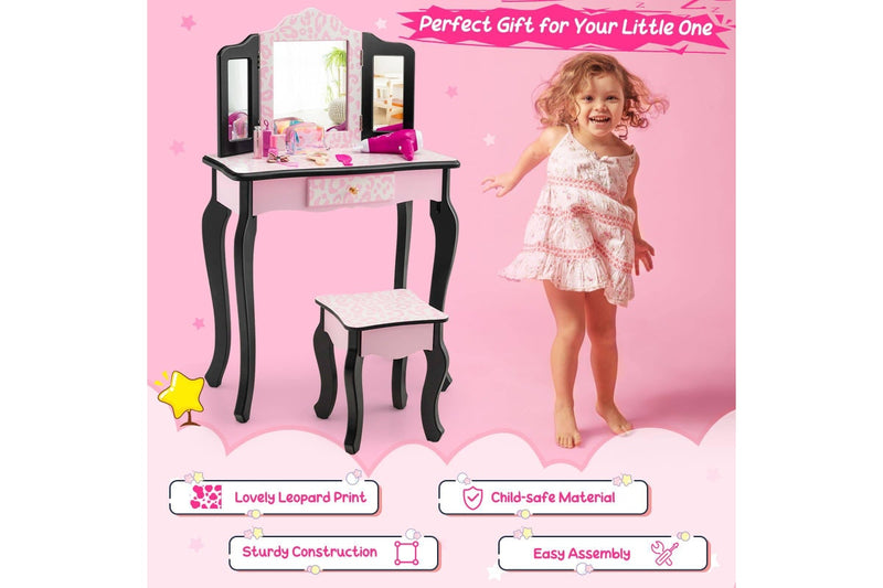 Costway Bedroom Dresser Vanity Table Stool Set w/ Tri-Folding Mirror Bedroom Furniture Pink