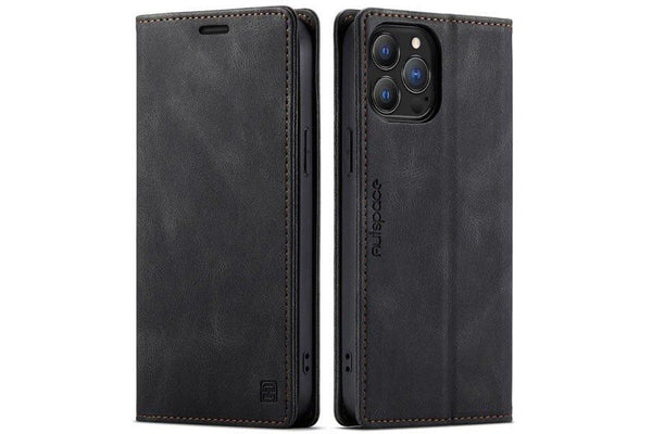 AutSpace For Apple iPhone 11 Pro Max Case RFID Blocking Retro Flip Premium Leather Card Holder Wallet Cover - Black