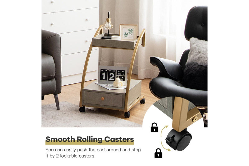 Giantex 2-tier Mobile End Table C-Shaped Sofa Side Table w/Lockable Wheels & Drawer Mobile Serving Cart Grey
