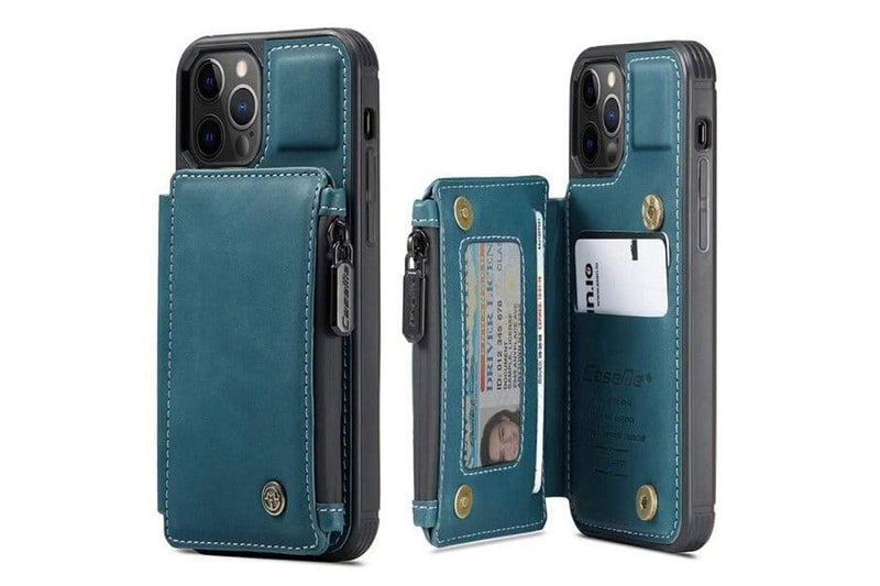 For Apple iPhone 13 Pro CaseMe Back Zipper Wallet Case W/ 3 Card Slots, RFID Blocking, 1 Money Pocket, Credit Card Holder Leather Cover (Teal Blue)