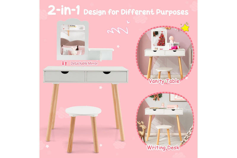 Giantex 2-in-1 Kids Vanity Table & Stool Set Makeup Dressing Table Princess Pretend Playset w/Removable Mirror & Drawer White
