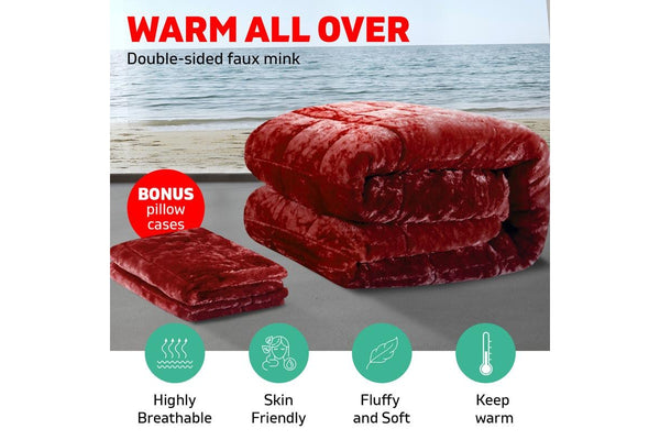 King Size Bedding Faux Mink Quilt Comforter Winter Throw Blanket Duvet Burgundy