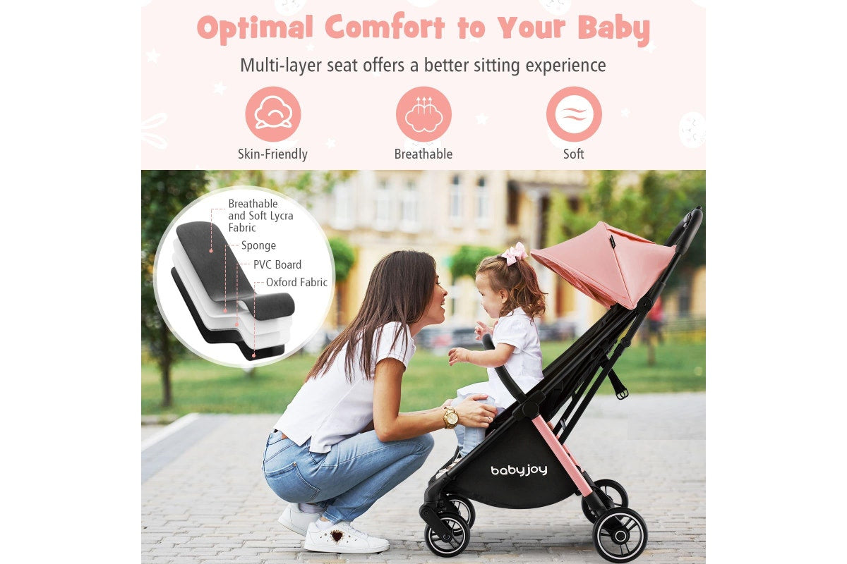 Costway Folding kid Stoller Portable kid Stroller w/Adjustable Canopy Gravity Self-Standing Pink