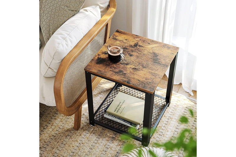 2-Tier Side Table with Storage Shelf with Metal Frame, Rustic Brown
