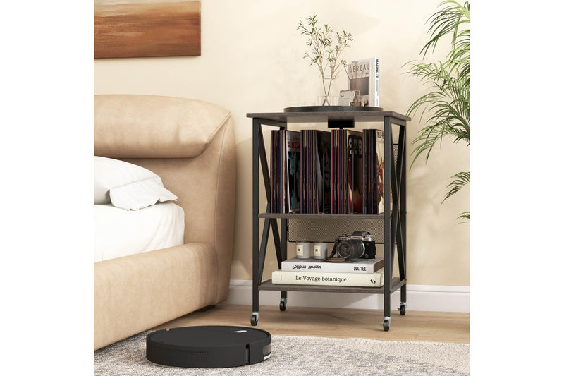 Giantex Record Player Stand Storage Rack w/Charging Station Bedside Table Grey