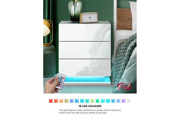 Oikiture LED Bedside Table 3 Drawers White