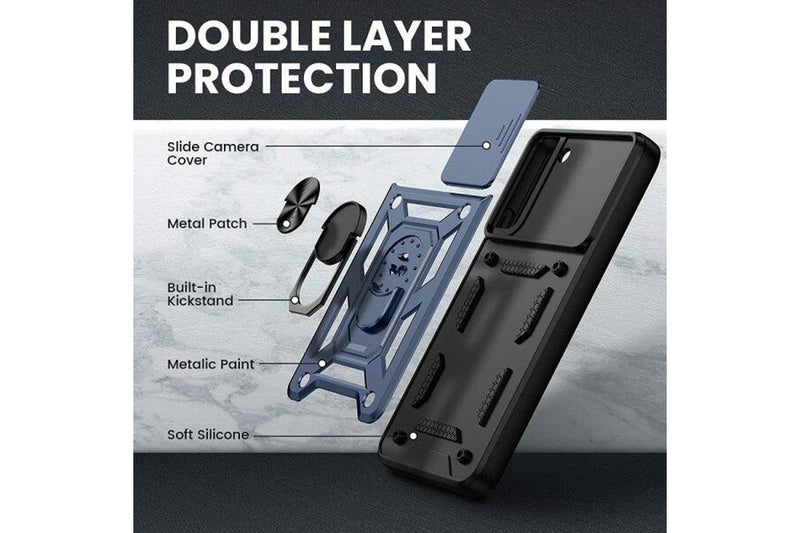 For Samsung Galaxy S22 Case, Military Grade 360 Degree Rotating Metal Magnetic Ring Car Mount Holder Kickstand Shockproof Heavy Duty Cover (Navy Blue)