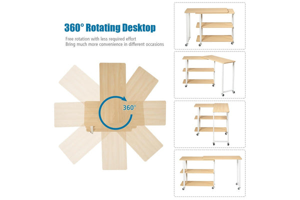 Giantex Mobile L-Shaped Side Table 360° Rotating Corner Desk w/2-Tier Storage Shelf Wood End Table Home Office Walnut