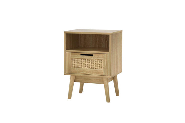 Artiss Rattan Bedside Table 1 Drawer with Shelf - REI Oak