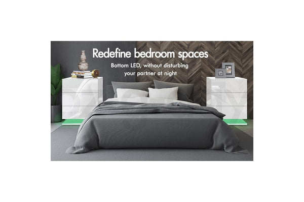 ALFORDSON Bedside Table - Zaim 3 Drawers LED Gloss Nightstand (White)