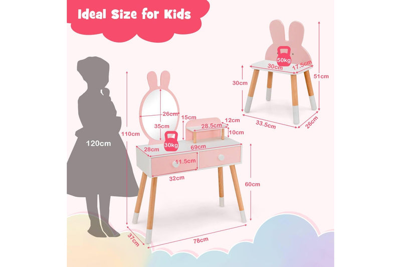 Costway 2 in 1 Dressing Table Vanity Table Set w/ Stool&Mirror Pink