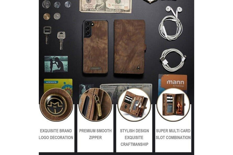 CaseMe For Samsung Galaxy S22 Zipper & Detachable Retro Leather Pouch Wallet Flip Purse Bag Detachable Phone Case Cover (Brown)