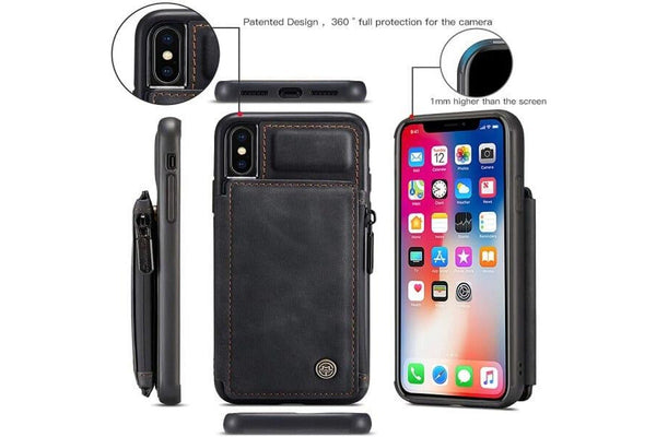 For Apple iPhone X / XS CaseMe Back Zipper Wallet Case W/ 3 Card Slots, RFID Blocking, 1 Money Pocket, Credit Card Holder Leather Cover (Black)