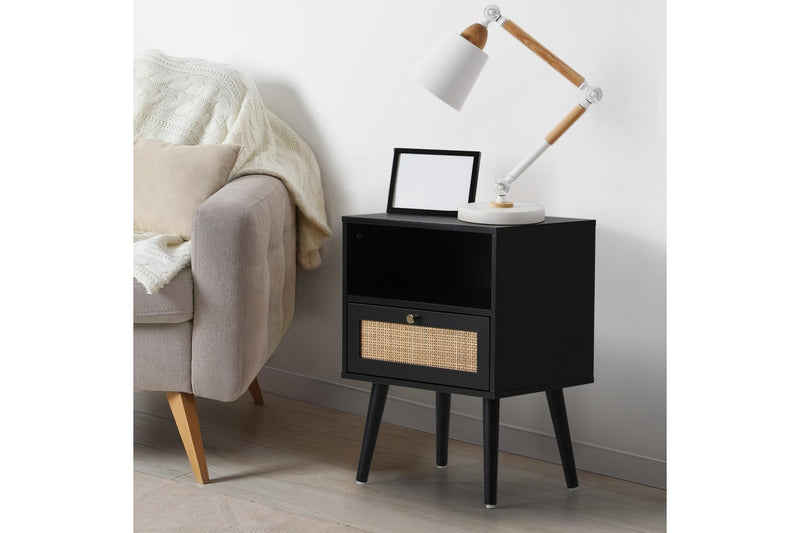 Oikiture Bedside Table Rattan Black