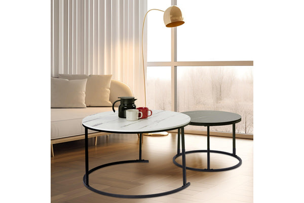 Set of 2 Coffee Table Round Marble Nesting Side End Table Furniture