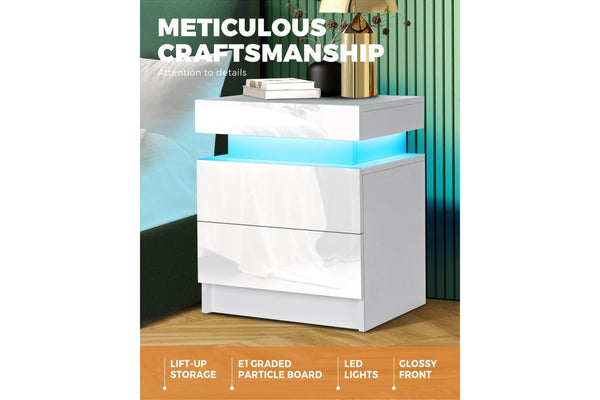 Oikiture Bedside Table RGB LED 2 Drawers White