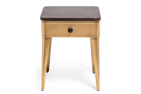 Modern Bedside Table In Brass Finish With Storage Drawer And Wood Top Bedside Tables