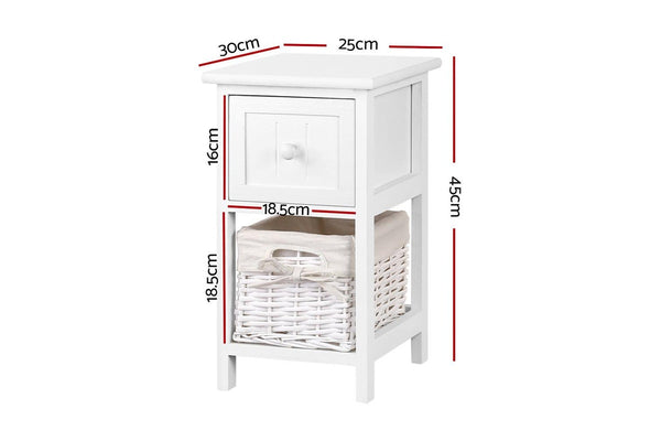 Artiss Bedside Table 1 Drawer with Basket Rustic White X2
